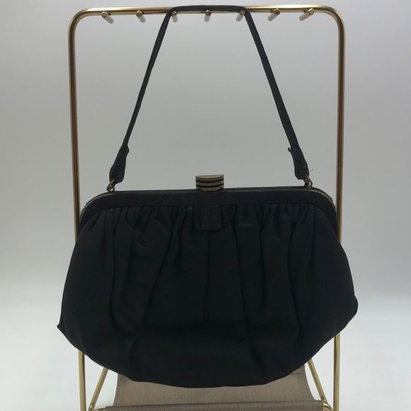 Morris Moskowitz Handbags - Vintage Mid-Century MM Black pleated fabric handbag with bronze clasp